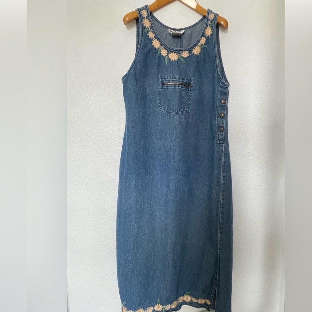 Donna Ricco vintage Denim Midi Dress with Floral Trim